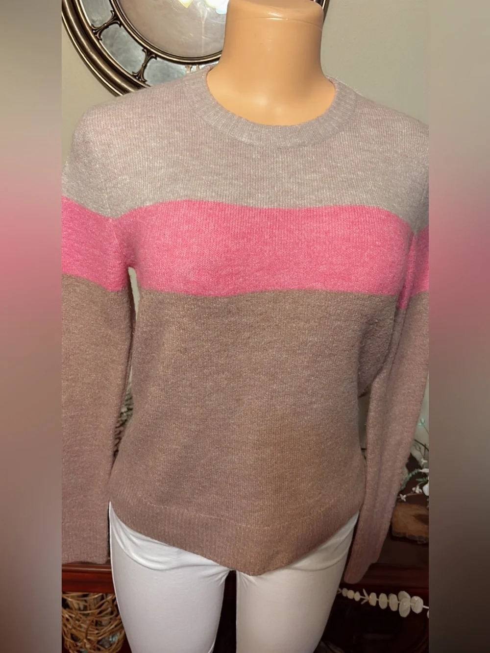 Old Navy Taupe and Pink Crewneck Colorblock Sweater